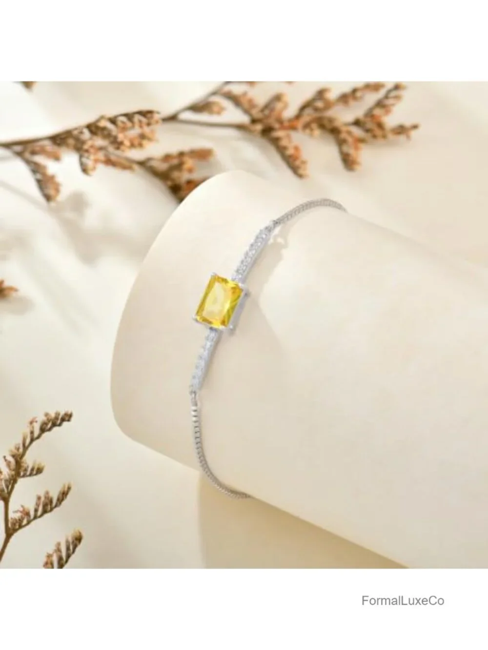 925 Sterling Silver Halo Rectangular Cut Birthstone Bracelet for Her